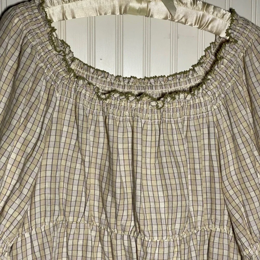 Old Navy Cottagecore Cream Plaid Peasant Top Puff Sleeve Smocked Ruffle - Large